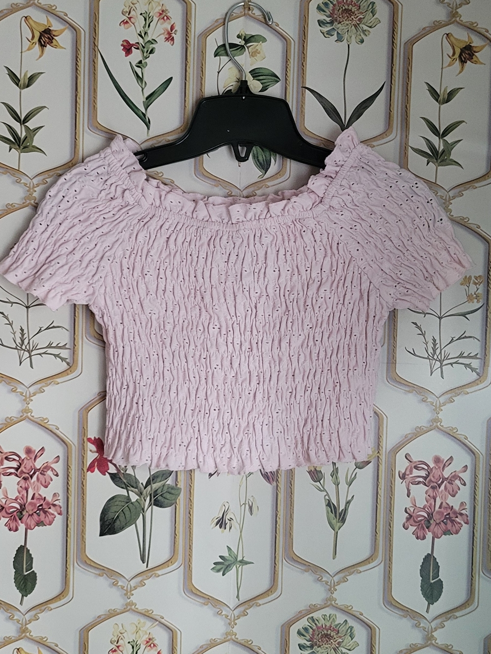 Paper Doll Light Pink Smocked Eyelit Cropped Short Sleeve Top XS